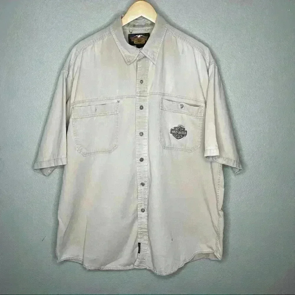 Harley Davidson Motor Cycles Mens Short Sleeve Button Down Beige Shirt Size XXL